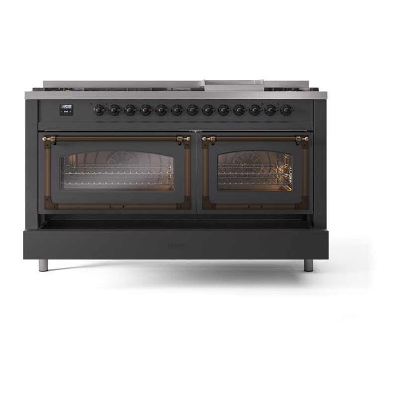 Nostalgie II Noblesse 60″ Dual Fuel Range (9 Sealed Burners + Griddle, Natural Gas, Triple Glass Door, Graphite Matte, Burnished) UN60FNMPMGB
