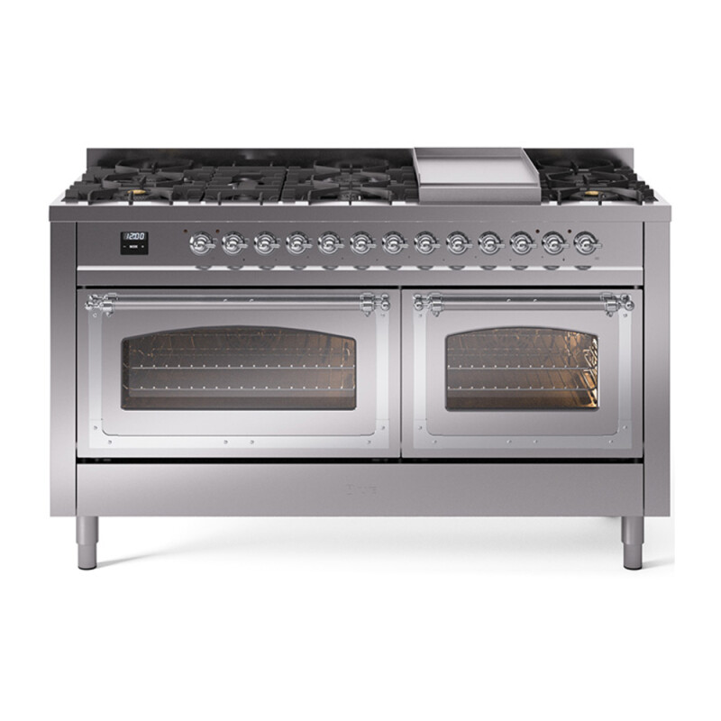 Nostalgie II Noblesse 60″ Dual Fuel Range (9 Sealed Burners + Griddle, Natural Gas, Triple Glass Door, Stainless Steel, Chrome) UN60FNMPSSC
