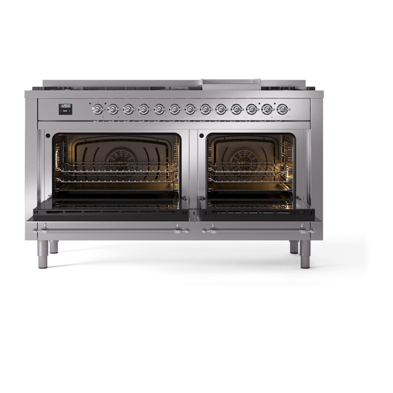 Nostalgie II Noblesse 60″ Dual Fuel Range (9 Sealed Burners + Griddle, Natural Gas, Triple Glass Door, Stainless Steel, Chrome) UN60FNMPSSC