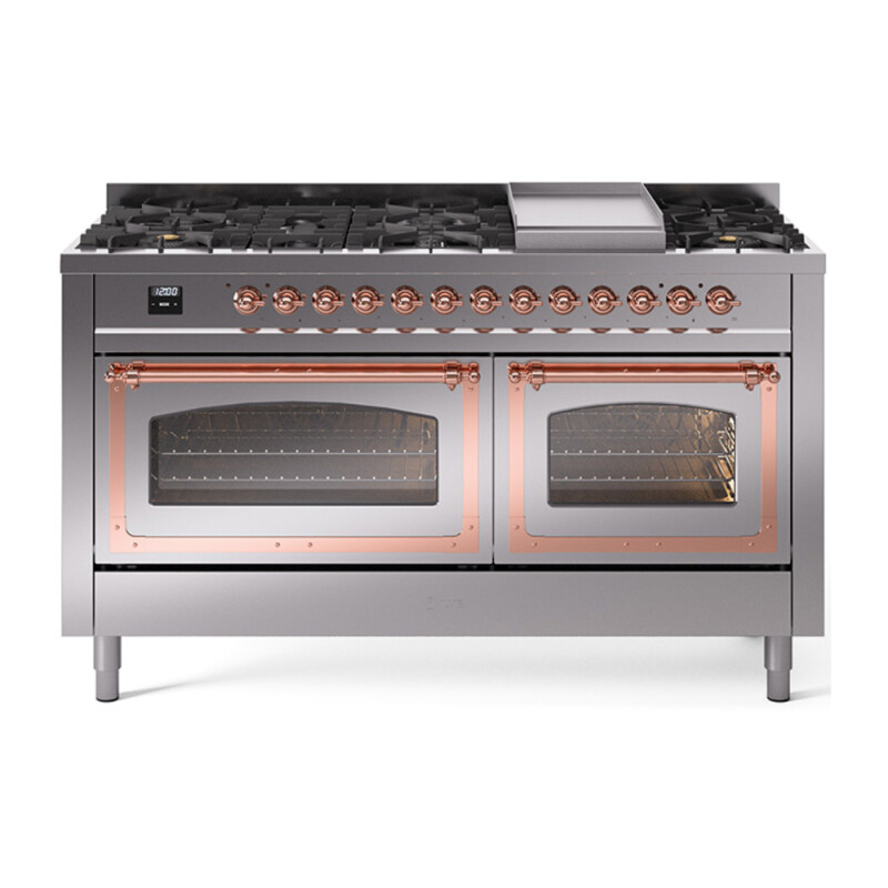 Nostalgie II Noblesse 60″ Dual Fuel Range      (9 Sealed Burners + Griddle, Natural Gas, Triple Glass Door, Stainless Steel, Copper) UN60FNMPSSP