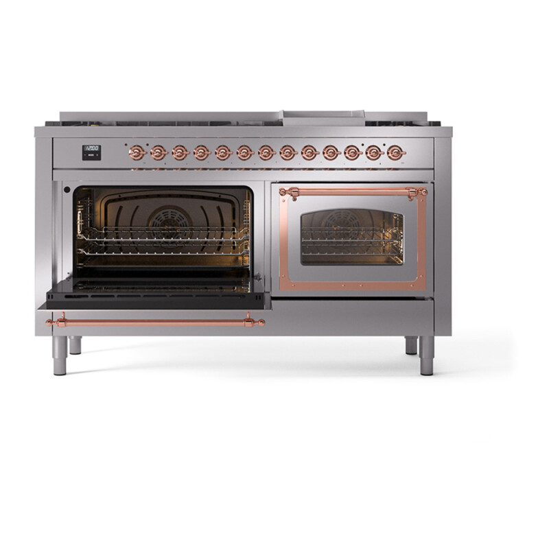 Nostalgie II Noblesse 60″ Dual Fuel Range      (9 Sealed Burners + Griddle, Natural Gas, Triple Glass Door, Stainless Steel, Copper) UN60FNMPSSP