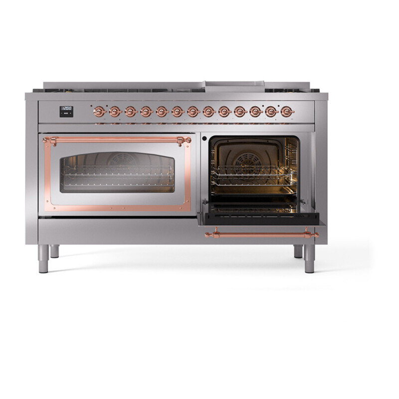 Nostalgie II Noblesse 60″ Dual Fuel Range      (9 Sealed Burners + Griddle, Natural Gas, Triple Glass Door, Stainless Steel, Copper) UN60FNMPSSP