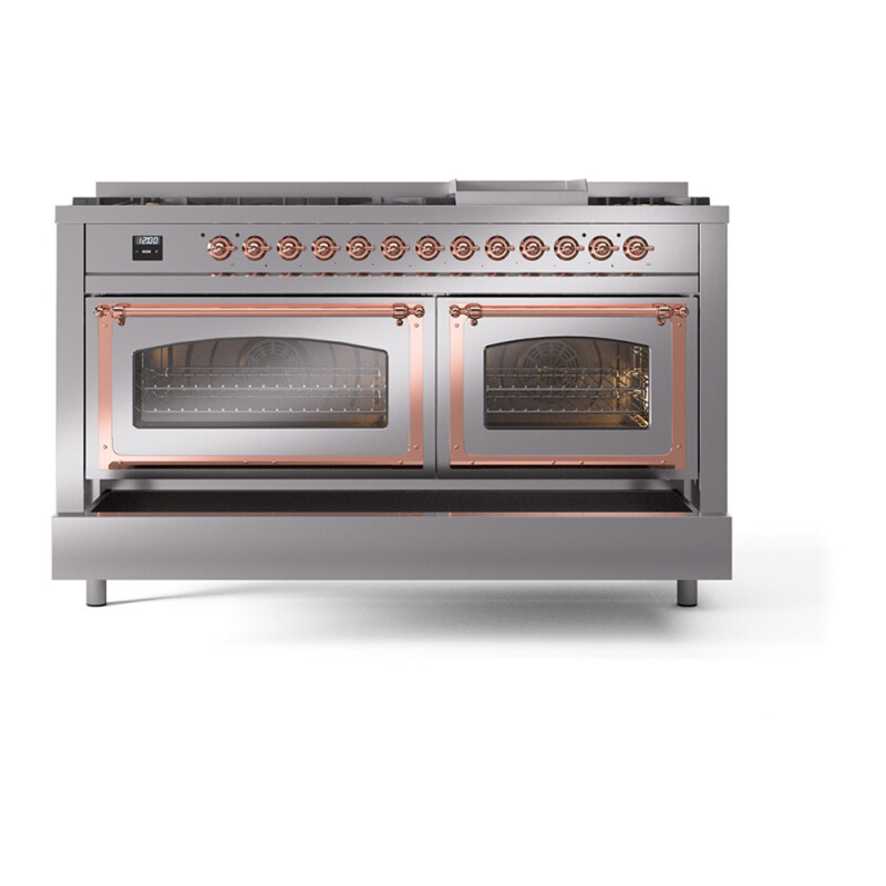 Nostalgie II Noblesse 60″ Dual Fuel Range      (9 Sealed Burners + Griddle, Natural Gas, Triple Glass Door, Stainless Steel, Copper) UN60FNMPSSP