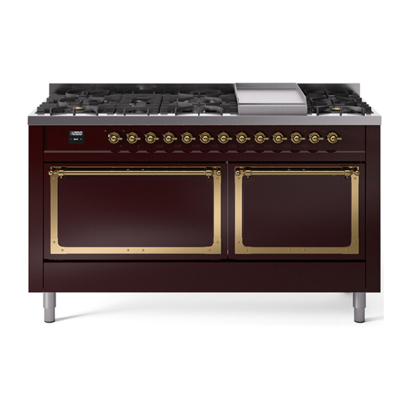 Nostalgie II Noblesse 60″ Dual Fuel Range (9 Sealed Burners + Griddle, Natural Gas, Solid Door, Burgundy, Brass) UN60FQNMPBUG