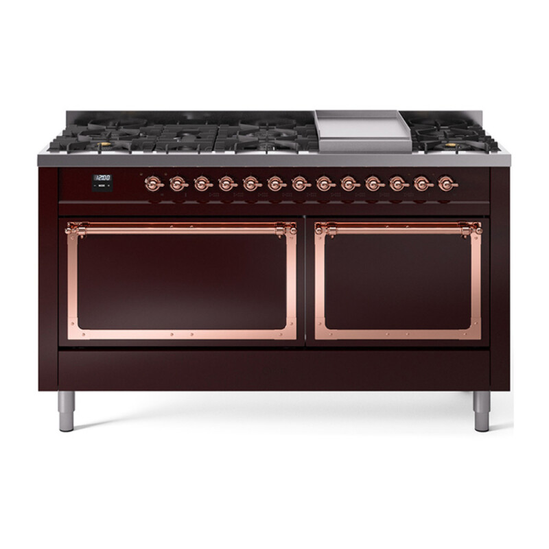 Nostalgie II Noblesse 60″ Dual Fuel Range      (9 Sealed Burners + Griddle, Natural Gas, Solid Door, Burgundy, Copper) UN60FQNMPBUP