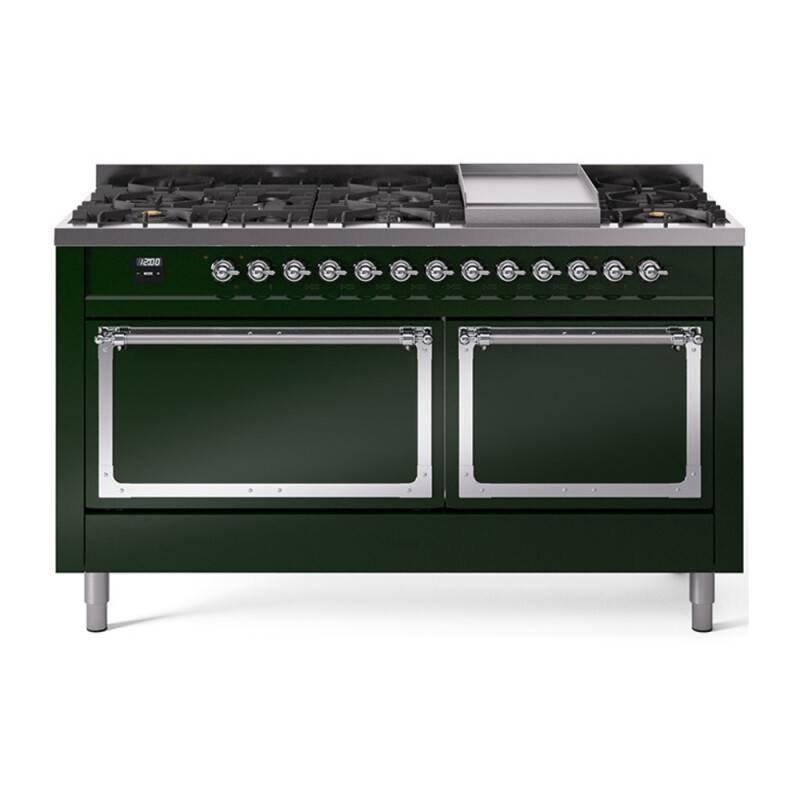 Nostalgie II Noblesse 60″ Dual Fuel Range      (9 Sealed Burners + Griddle, Natural Gas, Solid Door, Emerald Green, Chrome) UN60FQNMPEGC