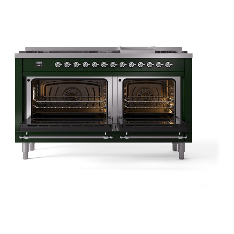 Nostalgie II Noblesse 60″ Dual Fuel Range      (9 Sealed Burners + Griddle, Natural Gas, Solid Door, Emerald Green, Chrome) UN60FQNMPEGC