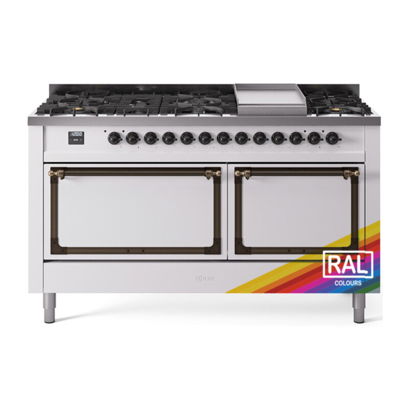 Nostalgie II Noblesse 60″ Dual Fuel Range (9 Sealed Burners + Griddle, Natural Gas, Solid Door, RAL, Burnished) UN60FQNMPRAB