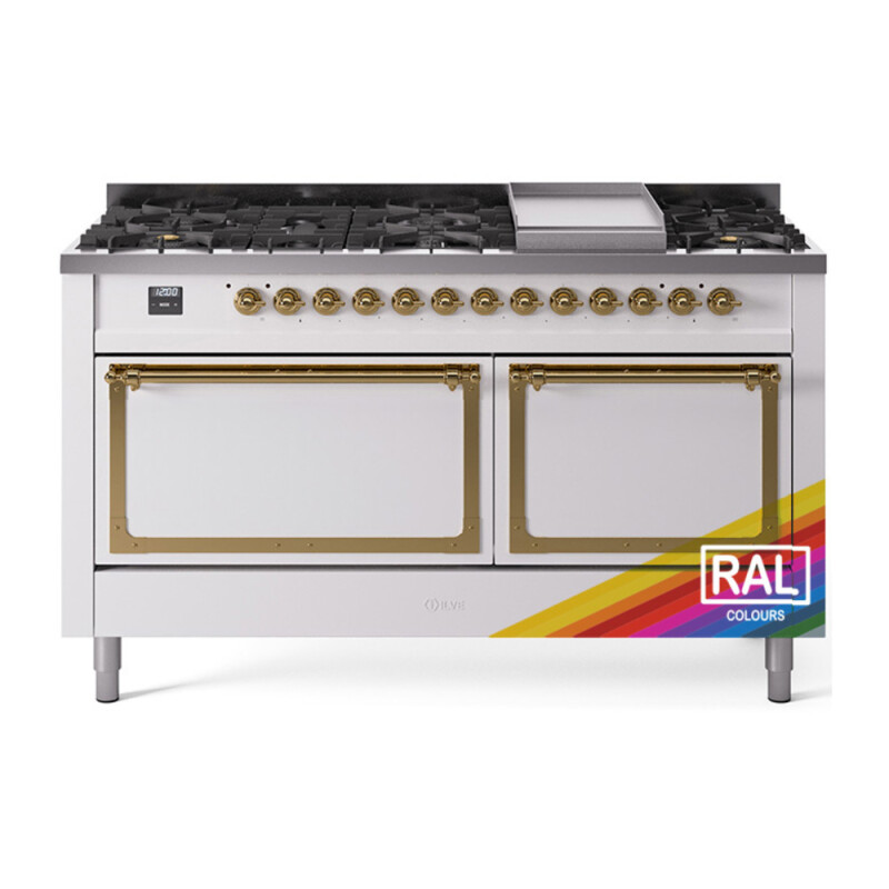Nostalgie II Noblesse 60″ Dual Fuel Range      (9 Sealed Burners + Griddle, Natural Gas, Solid Door, RAL, Brass) UN60FQNMPRAG