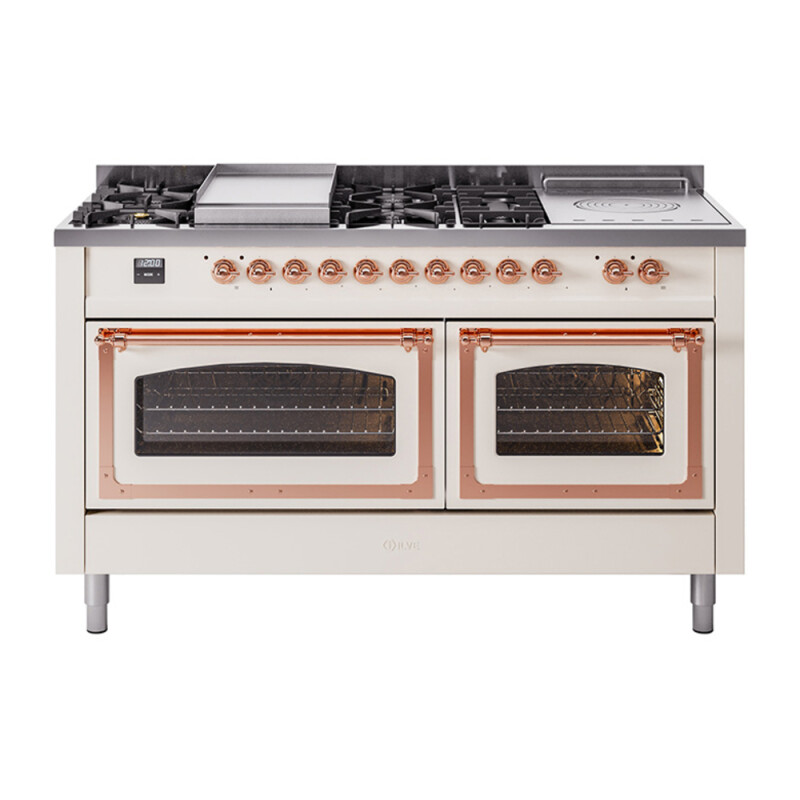 Nostalgie II Noblesse 60″ Dual Fuel Range (7 Sealed Burners + Griddle + French Top, Natural Gas, Triple Glass Door, Antique White, Copper) UN60FSNMPAWP
