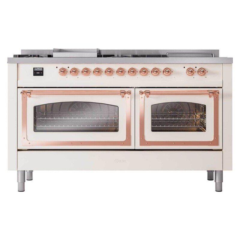 Nostalgie II Noblesse 60″ Dual Fuel Range (7 Sealed Burners + Griddle + French Top, Natural Gas, Triple Glass Door, Antique White, Copper) UN60FSNMPAWP