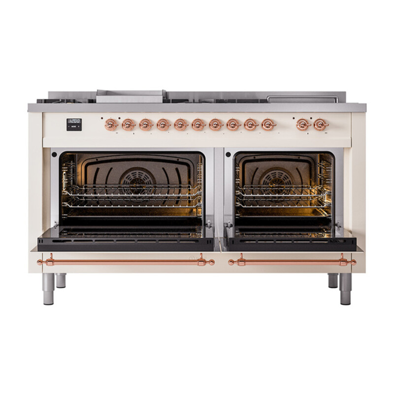 Nostalgie II Noblesse 60″ Dual Fuel Range (7 Sealed Burners + Griddle + French Top, Natural Gas, Triple Glass Door, Antique White, Copper) UN60FSNMPAWP