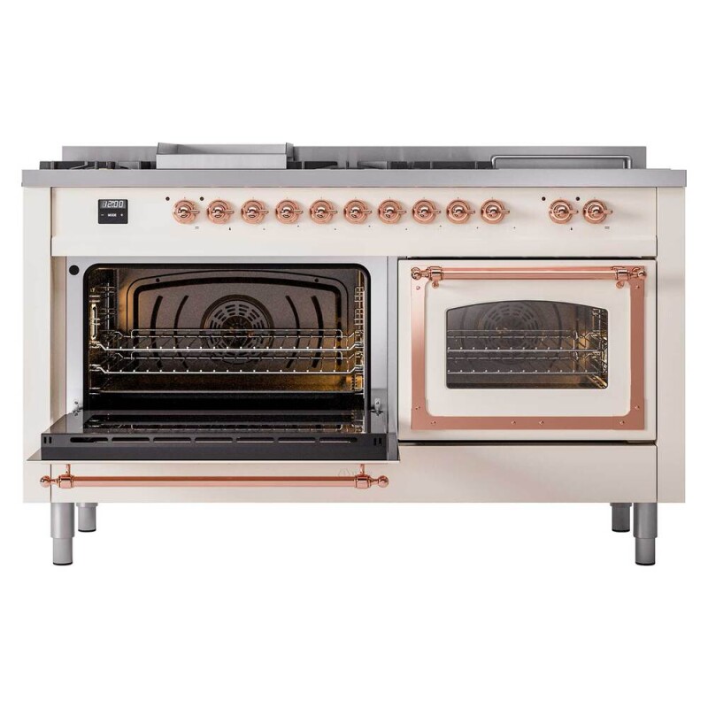 Nostalgie II Noblesse 60″ Dual Fuel Range (7 Sealed Burners + Griddle + French Top, Natural Gas, Triple Glass Door, Antique White, Copper) UN60FSNMPAWP