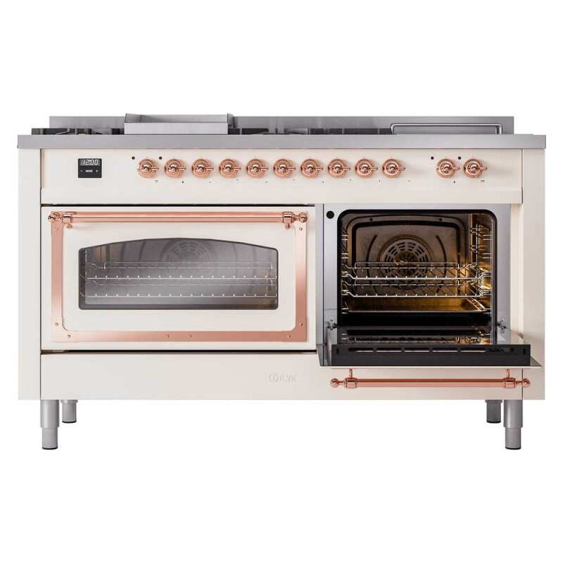 Nostalgie II Noblesse 60″ Dual Fuel Range (7 Sealed Burners + Griddle + French Top, Natural Gas, Triple Glass Door, Antique White, Copper) UN60FSNMPAWP