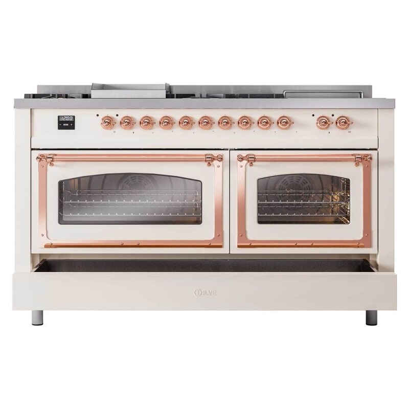 Nostalgie II Noblesse 60″ Dual Fuel Range (7 Sealed Burners + Griddle + French Top, Natural Gas, Triple Glass Door, Antique White, Copper) UN60FSNMPAWP