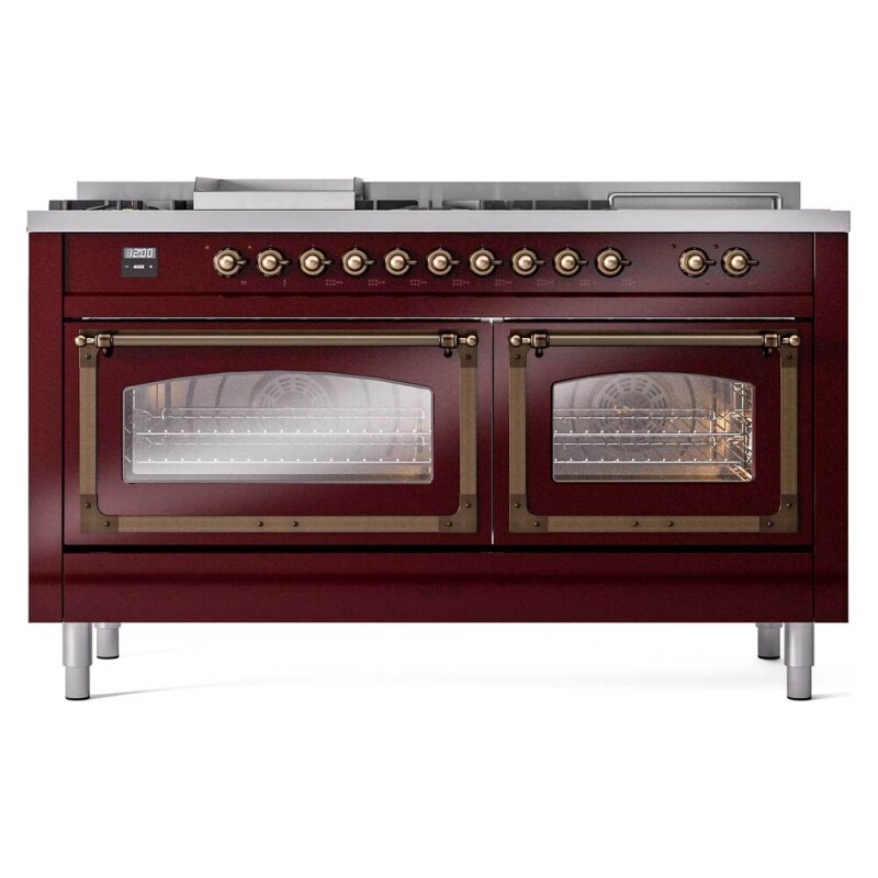 Nostalgie II Noblesse 60″ Dual Fuel Range (7 Sealed Burners + Griddle + French Top, Natural Gas, Triple Glass Door, Burgundy, Burnished) UN60FSNMPBUB