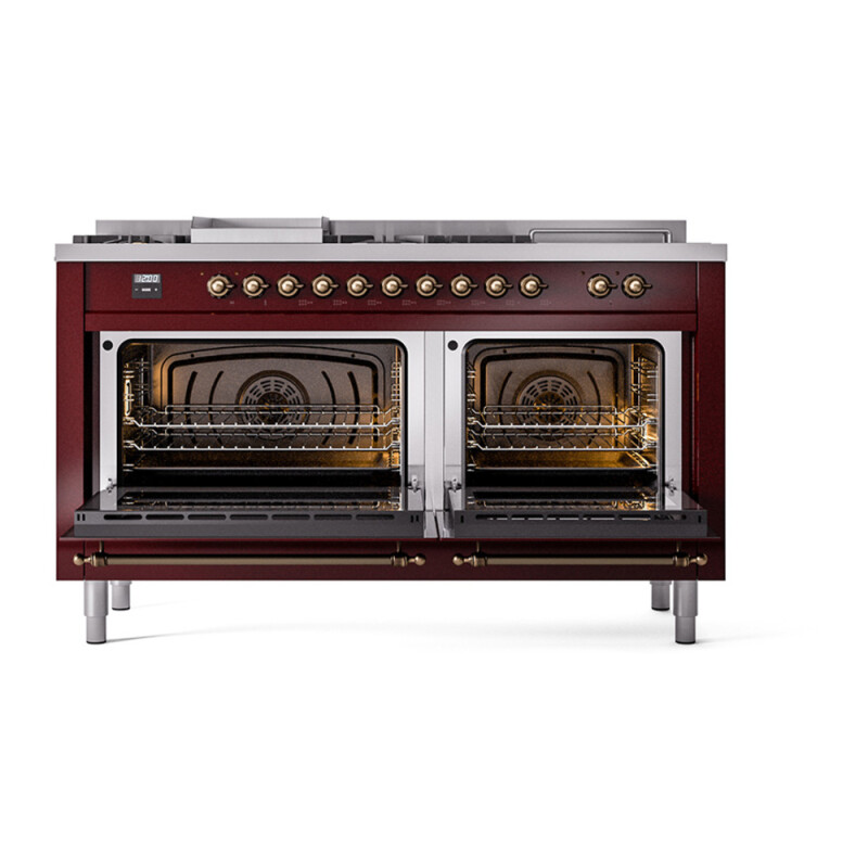 Nostalgie II Noblesse 60″ Dual Fuel Range (7 Sealed Burners + Griddle + French Top, Natural Gas, Triple Glass Door, Burgundy, Burnished) UN60FSNMPBUB
