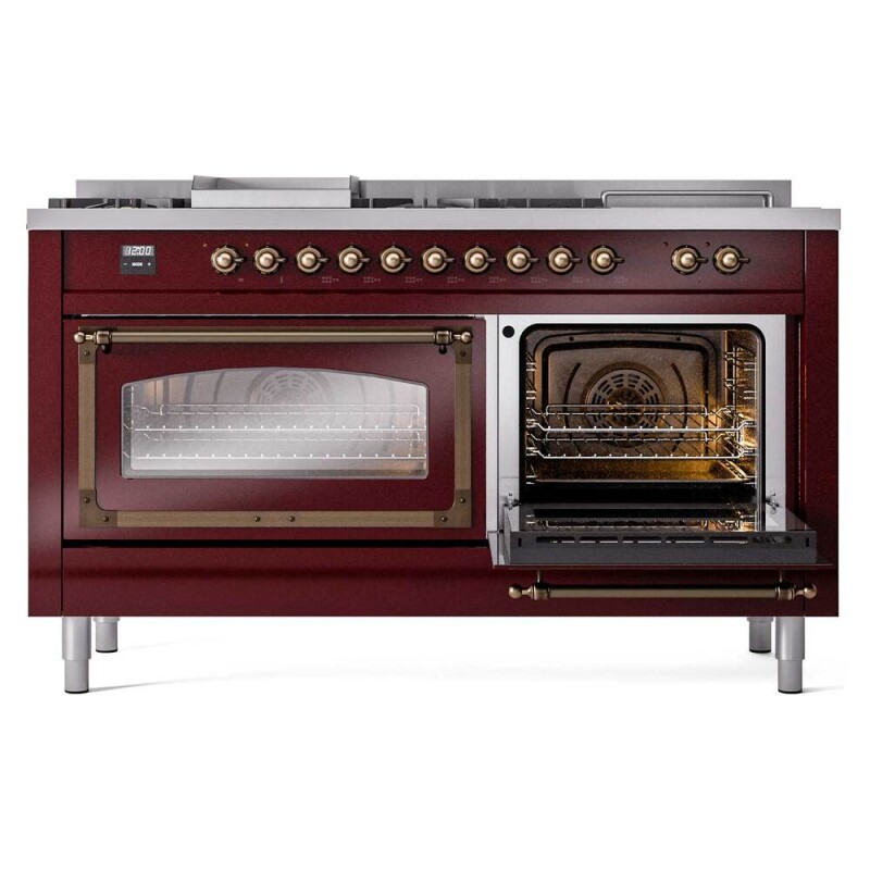 Nostalgie II Noblesse 60″ Dual Fuel Range (7 Sealed Burners + Griddle + French Top, Natural Gas, Triple Glass Door, Burgundy, Burnished) UN60FSNMPBUB