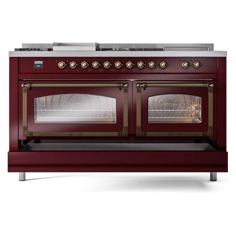 Nostalgie II Noblesse 60″ Dual Fuel Range (7 Sealed Burners + Griddle + French Top, Natural Gas, Triple Glass Door, Burgundy, Burnished) UN60FSNMPBUB
