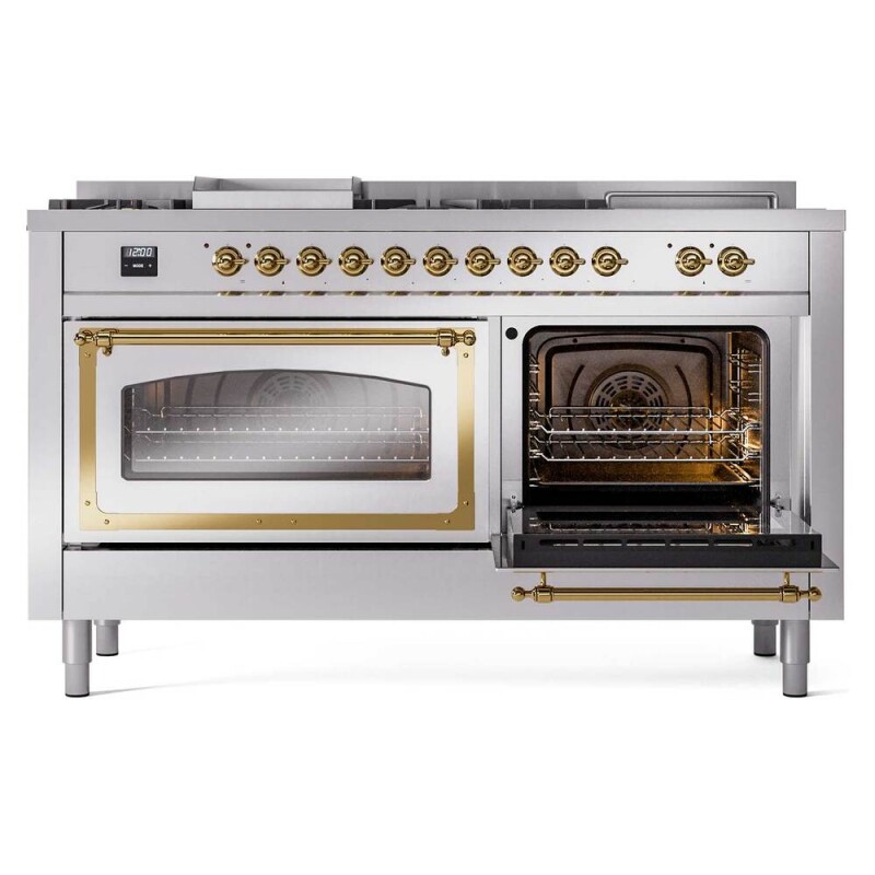 Nostalgie II Noblesse 60″ Dual Fuel Range (7 Sealed Burners + Griddle + French Top, Natural Gas, Triple Glass Door, RAL, Brass) UN60FSNMPRAG