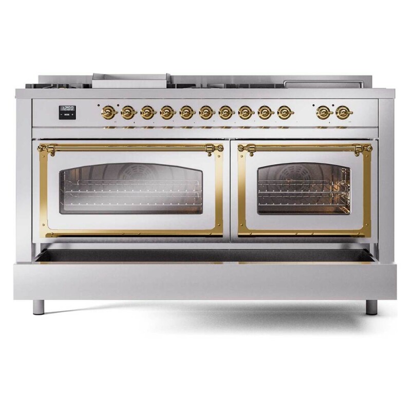 Nostalgie II Noblesse 60″ Dual Fuel Range (7 Sealed Burners + Griddle + French Top, Natural Gas, Triple Glass Door, RAL, Brass) UN60FSNMPRAG
