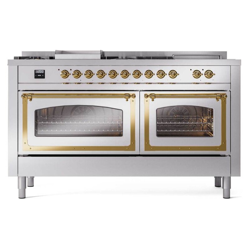 Nostalgie II Noblesse 60″ Dual Fuel Range (7 Sealed Burners + Griddle + French Top, Natural Gas, Triple Glass Door, Stainless Steel, Brass) UN60FSNMPSSG