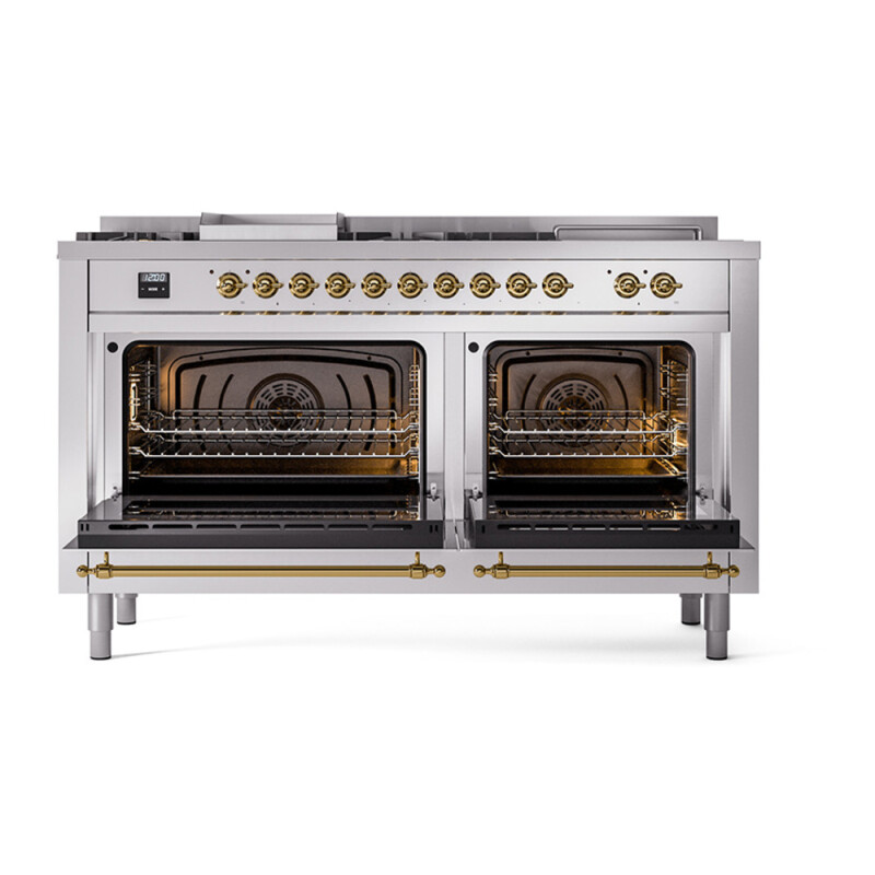 Nostalgie II Noblesse 60″ Dual Fuel Range (7 Sealed Burners + Griddle + French Top, Natural Gas, Triple Glass Door, Stainless Steel, Brass) UN60FSNMPSSG