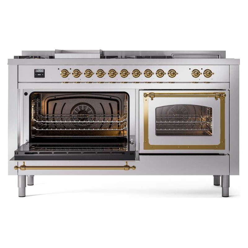Nostalgie II Noblesse 60″ Dual Fuel Range (7 Sealed Burners + Griddle + French Top, Natural Gas, Triple Glass Door, Stainless Steel, Brass) UN60FSNMPSSG