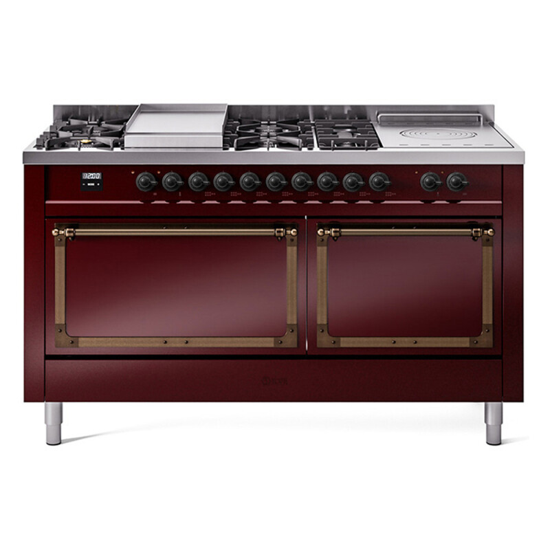 Nostalgie II Noblesse 60″ Dual Fuel Range      (7 Sealed Burners + Griddle + French Top, Natural Gas, Solid Door, Burgundy, Burnished) UN60FSQNMPBUB