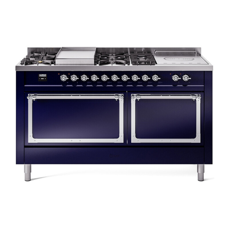 Nostalgie II Noblesse 60″ Dual Fuel Range (7 Sealed Burners + Griddle + French Top, Natural Gas, Solid Door, Midnight Blue, Chrome) UN60FSQNMPMBC