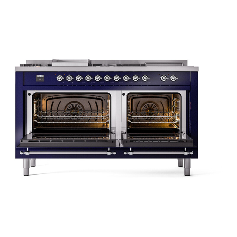 Nostalgie II Noblesse 60″ Dual Fuel Range (7 Sealed Burners + Griddle + French Top, Natural Gas, Solid Door, Midnight Blue, Chrome) UN60FSQNMPMBC