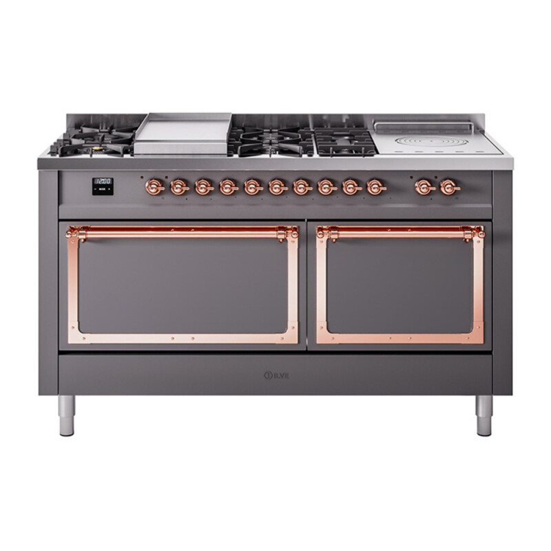 Nostalgie II Noblesse 60″ Dual Fuel Range      (7 Sealed Burners + Griddle + French Top, Natural Gas, Solid Door, Graphite Matte, Copper) UN60FSQNMPMGP