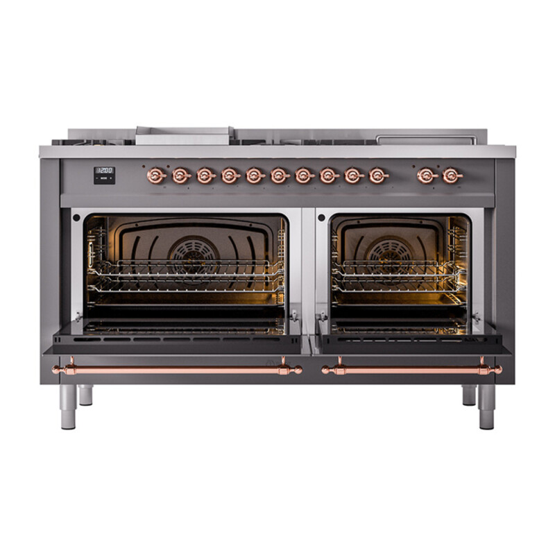 Nostalgie II Noblesse 60″ Dual Fuel Range      (7 Sealed Burners + Griddle + French Top, Natural Gas, Solid Door, Graphite Matte, Copper) UN60FSQNMPMGP