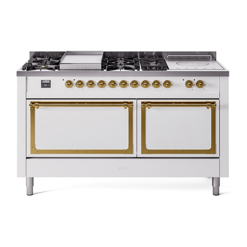 Nostalgie II Noblesse 60″ Dual Fuel Range (7 Sealed Burners + Griddle + French Top, Natural Gas, Solid Door, White, Brass) UN60FSQNMPWHG