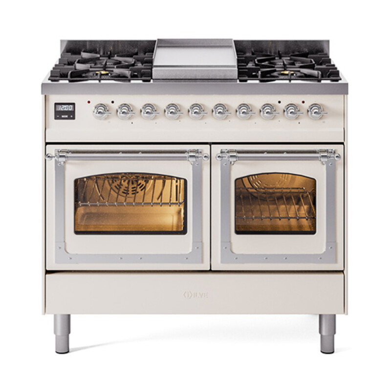 Nostalgie II Noblesse 40″ Dual Fuel Range (Natural Gas, Triple Glass Door, Antique White, Chrome) UND40FNMPAWC