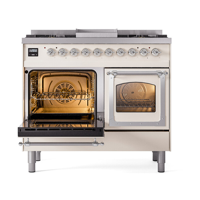 Nostalgie II Noblesse 40″ Dual Fuel Range (Natural Gas, Triple Glass Door, Antique White, Chrome) UND40FNMPAWC