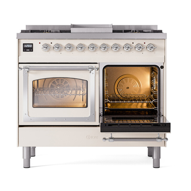 Nostalgie II Noblesse 40″ Dual Fuel Range (Natural Gas, Triple Glass Door, Antique White, Chrome) UND40FNMPAWC