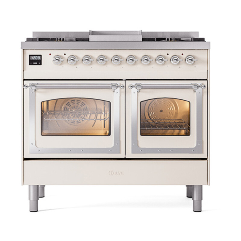 Nostalgie II Noblesse 40″ Dual Fuel Range (Natural Gas, Triple Glass Door, Antique White, Chrome) UND40FNMPAWC