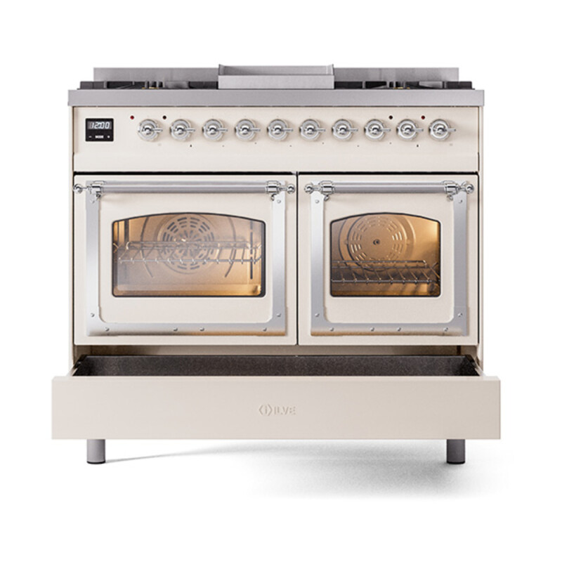 Nostalgie II Noblesse 40″ Dual Fuel Range (Natural Gas, Triple Glass Door, Antique White, Chrome) UND40FNMPAWC