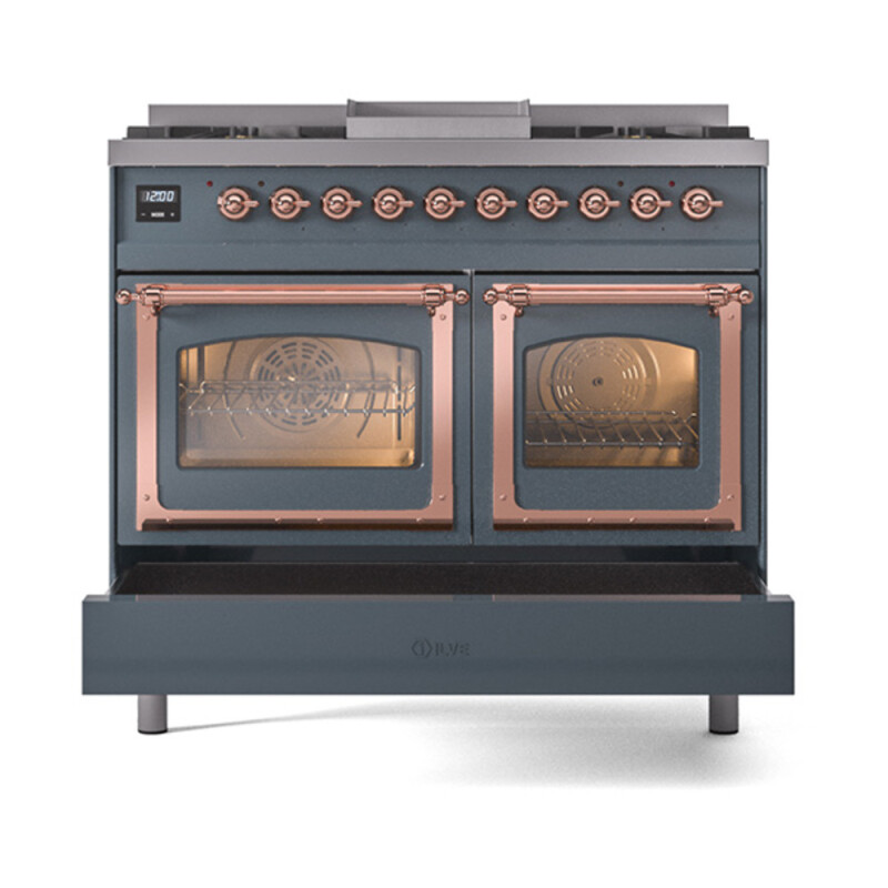 Nostalgie II Noblesse 40″ Dual Fuel Range (Natural Gas, Triple Glass Door, Blue Grey, Copper) UND40FNMPBGP