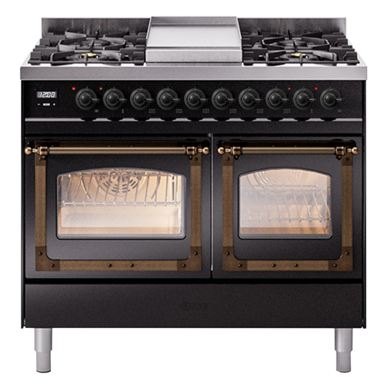 Nostalgie II Noblesse 40″ Dual Fuel Range (Natural Gas, Triple Glass Door, Glossy Black, Burnished) UND40FNMPBKB