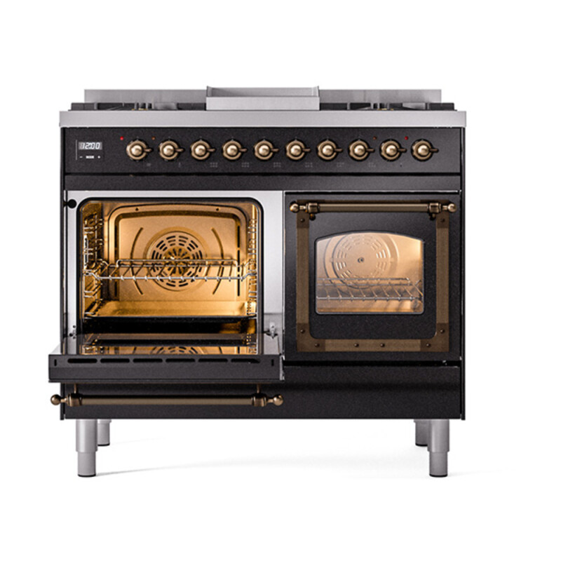 Nostalgie II Noblesse 40″ Dual Fuel Range (Natural Gas, Triple Glass Door, Glossy Black, Burnished) UND40FNMPBKB