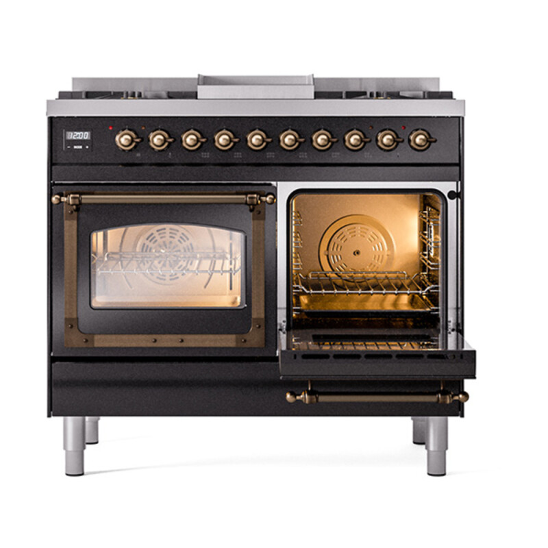 Nostalgie II Noblesse 40″ Dual Fuel Range (Natural Gas, Triple Glass Door, Glossy Black, Burnished) UND40FNMPBKB