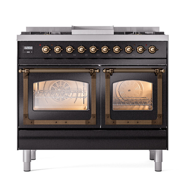 Nostalgie II Noblesse 40″ Dual Fuel Range (Natural Gas, Triple Glass Door, Glossy Black, Burnished) UND40FNMPBKB
