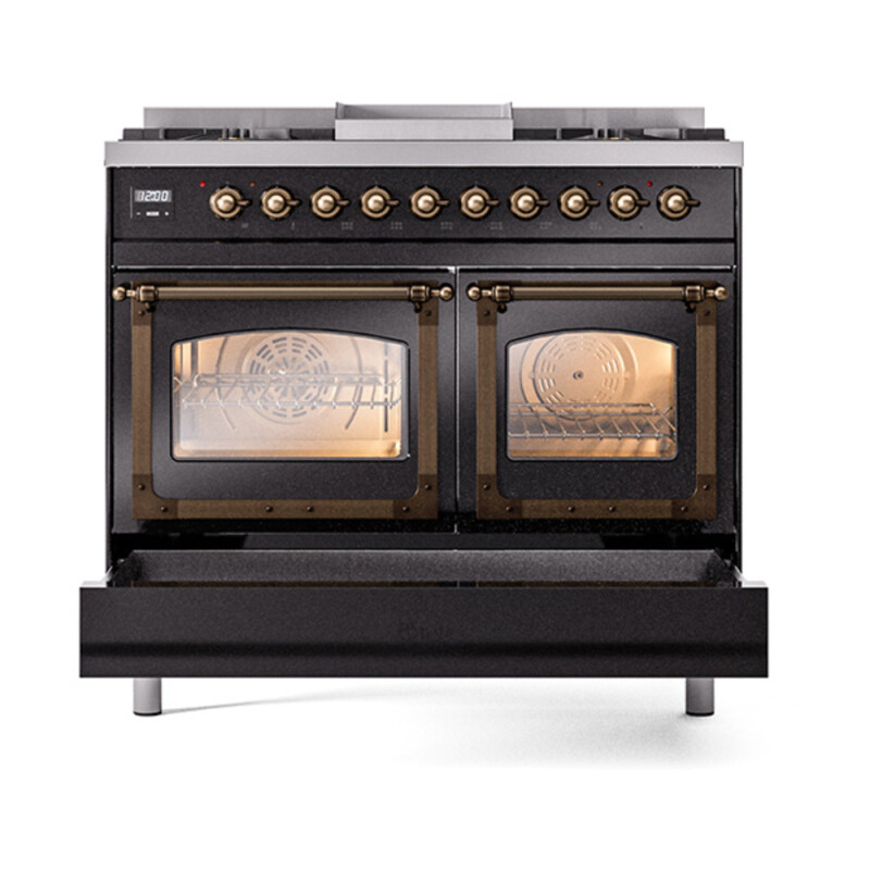 Nostalgie II Noblesse 40″ Dual Fuel Range (Natural Gas, Triple Glass Door, Glossy Black, Burnished) UND40FNMPBKB