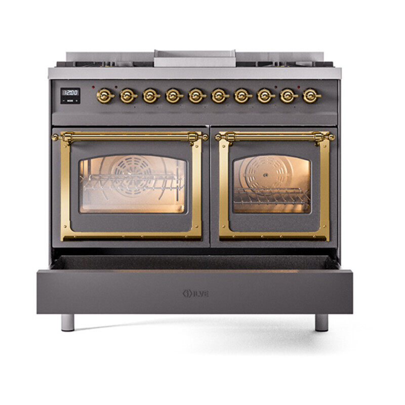 Nostalgie II Noblesse 40″ Dual Fuel Range (Natural Gas, Triple Glass Door, Graphite Matte, Brass) UND40FNMPMGG