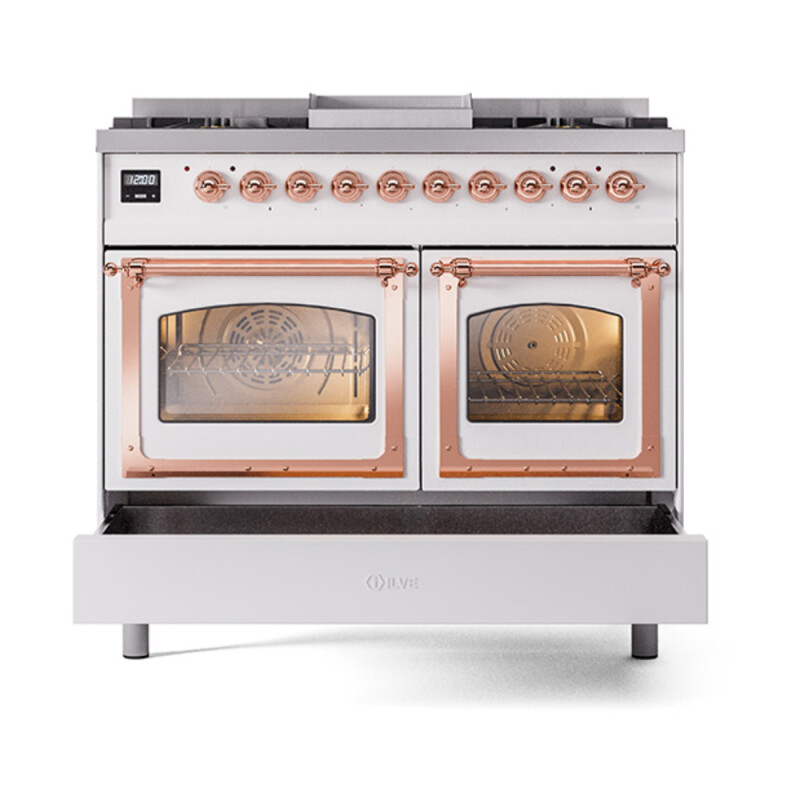 Nostalgie II Noblesse 40″ Dual Fuel Range (Natural Gas, Triple Glass Door, White, Copper) UND40FNMPWHP
