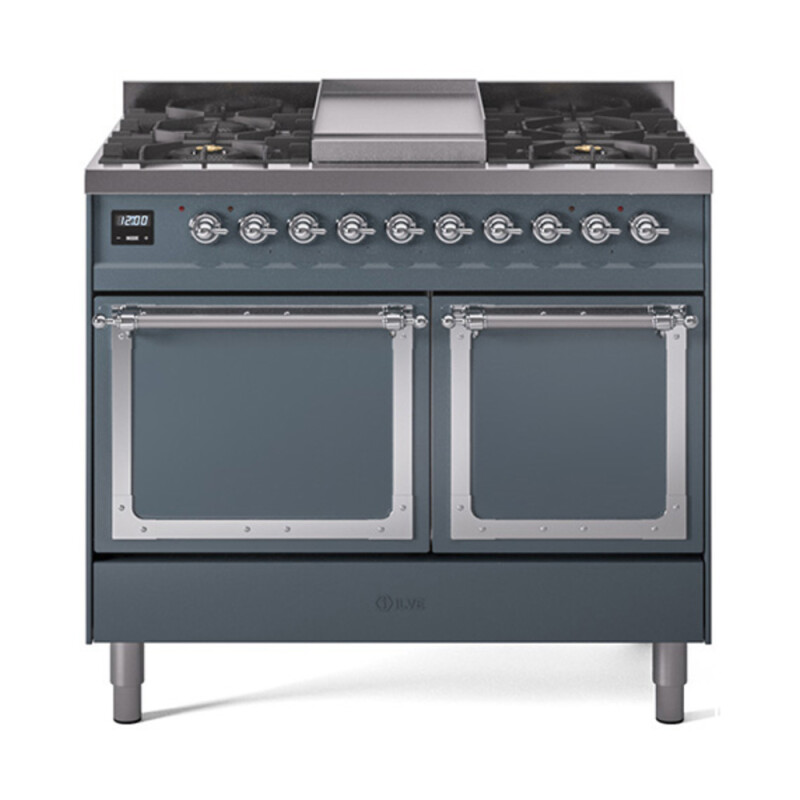 Nostalgie II Noblesse 40″ Dual Fuel Range (Natural Gas, Solid Door, Blue Grey, Chrome) UND40FQNMPBGC
