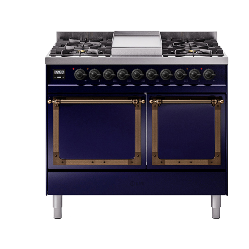 Nostalgie II Noblesse 40″ Dual Fuel Range (Natural Gas, Solid Door, Midnight Blue, Burnished) UND40FQNMPMBB