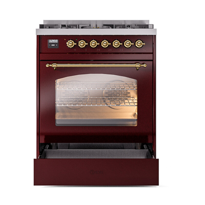 Nostalgie II 30 UP30NMPBUG Freestanding Dual Fuel Range with 5 Sealed Burners Single Oven with Triple Glass Door with Brass knobs UP30NMPBUG